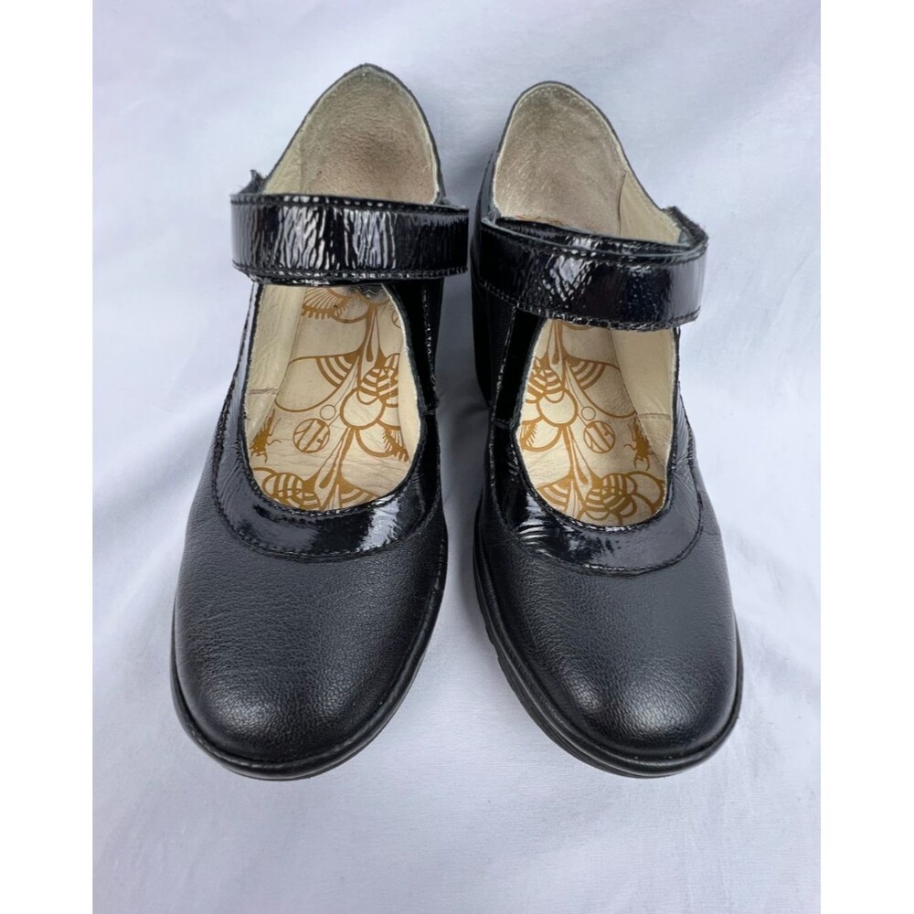 FLY LONDON Mary Jane Wedge Shoes Women's US 7 Black Leather Hook & Loop - Picture 3 of 13